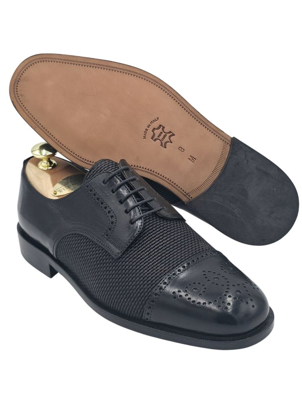 NEW Mercanti Fiorentini Italy Black Leather Woven Fabric Derbys 8M Dress Shoes
